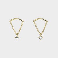 Yellow gold-plated silver earrings with curved bar motif with link chain and white zirconia pendant
