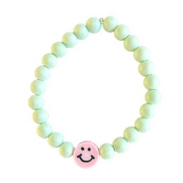 Colorful beaded bracelet with a smiley face charm, suitable for children.