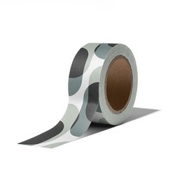 Decorative washi tape in a variety of retro-inspired shapes and patterns, including circles, stripes, and abstract designs. The tape is 10 meters long and comes in a pack of 9 rolls.