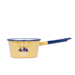 A yellow enamel saucepan with a blue rim and handle. The saucepan features a simple mountain graphic design.