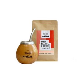 Yerba mate tea set including a calabaza gourd, bombilla straw, and 150g of guarana ginger flavored yerba mate tea.