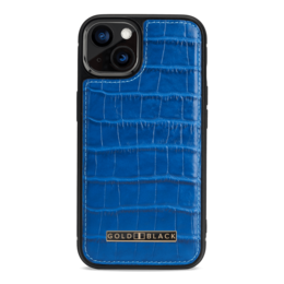 Blue croco embossed leather iPhone 13 MagSafe case with magnetic wireless charging capabilities.