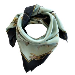  Mint green and black silk scarf with bird and floral print, 50x50 cm in size, suitable for kids.