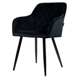Stylish black velvet dining chair with a quilted diamond pattern and sturdy metal legs.