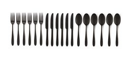 Set of 18 matte black cutlery including forks, knives, and spoons. Sleek and modern design suitable for everyday use.