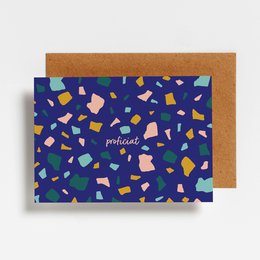 Colorful marble-patterned birthday card with the text "Proficiat" (Dutch for "Congratulations") on a navy blue background.