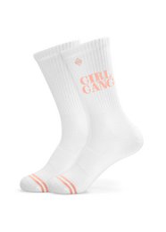 White socks with "Girl Gang" text and pink accents. Ribbed design.