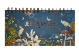 Blue desk planner with nature-inspired illustrations, featuring a blue tit bird, flowers, and mushrooms. Made from FSC-certified materials.