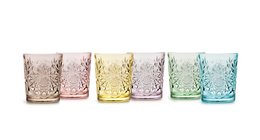 Colorful glass tumblers with a textured, crackled design. Available in pink, yellow, and blue-green shades.