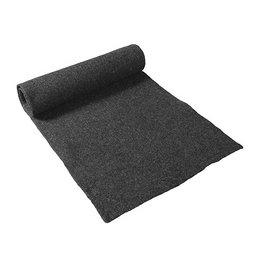 Charcoal gray felt yoga mat, rectangular shape, with leather strap for easy carrying.