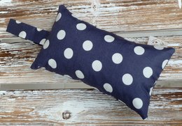 Organic water dog toy rectangle in pink, lavender, and navy blue with polka dot patterns. Suitable for pet play and enrichment.