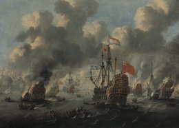 Nautical painting depicting a naval battle with ships, smoke, and flags. Suitable for wall art in a living room or study.