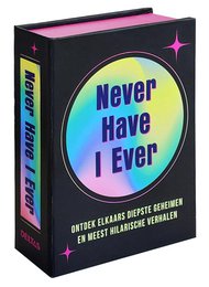  A colorful and vibrant party game box titled "Never Have I Ever" with a bold, eye-catching design.