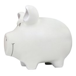  White ceramic piggy bank with a middle-sized pig design, suitable for storing small items.