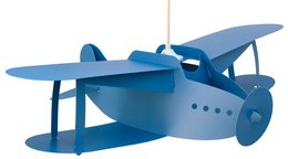 Blue airplane-shaped children's hanging lamp, made of metal, with a classic biplane design and a hanging cord for installation.