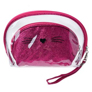 Toiletry Bag Ladies Set of 2 24x15 / 19x12 cm Pink Polyurethane Cat