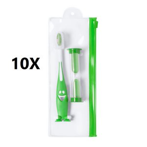 10 X GREEN JUNIOR SET - TOOTHBRUSH AND SAND CLOCK 2 MINUTES - 8 x 20 x 2 cm