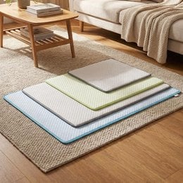 Cooling pet bed mat, breathable foam pad, blue green gray, multiple sizes, washable, non-slip base, indoor outdoor dog cat bed.