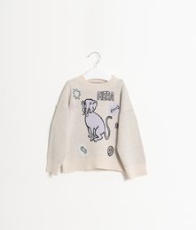 Cream-colored kids' sweater with a printed elephant design, available in sizes 2-3Y, 4Y, 6Y, 8Y, and 10Y.