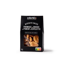 Savory biscuits with sheep's cheese and Espelette pepper, 80g. Crunchy crackers made with sheep's cheese and Espelette pepper for a flavorful snack.