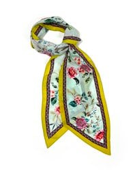 "Silk scarf with floral pattern, yellow border, long rectangular shape, colorful flowers design"