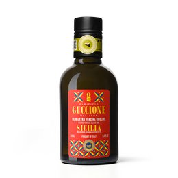 Premium extra virgin olive oil from Sicily, with a bold, peppery flavor and vibrant red and gold packaging.