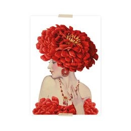 Vibrant red floral postcard featuring a woman's portrait with an elaborate red flower headdress. The postcard is part of a collage design.