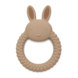  Soft silicone teething toy in the shape of a bunny with textured rings for soothing gums. Khaki color.