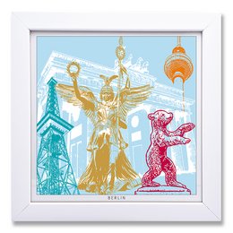 A framed art print featuring iconic landmarks and symbols of Berlin, including the Victory Column, Berlin Cathedral, and the Berlin Bear statue. The print showcases the city's architecture and cultural heritage in a vibrant, colorful style.