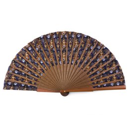 Ikat-Inspired Silk Fan – Handmade in Spain with Bocapi Wood, Blue and Brown Print