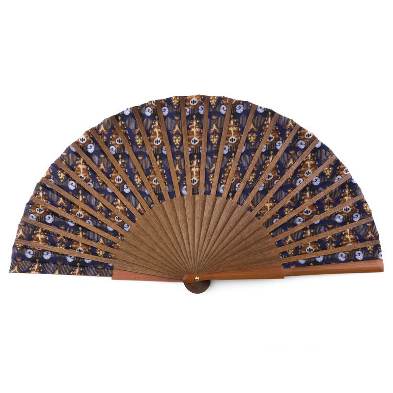 Ikat-Inspired Silk Fan – Handmade in Spain with Bocapi Wood, Blue and Brown Print