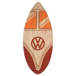 A wooden surfboard-shaped skimmer board with the Volkswagen logo and retro-inspired multicolored design. Made of real wood, suitable for kids' toys.