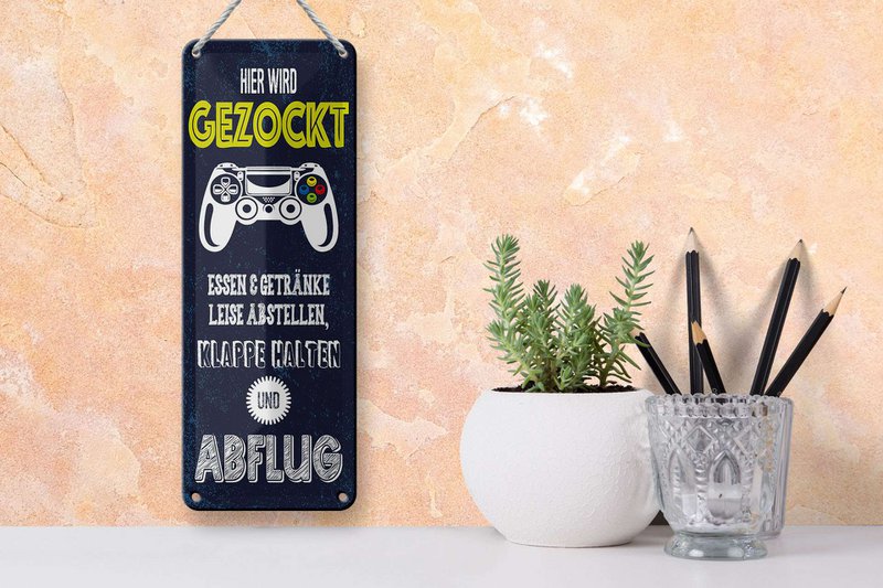Blechschild Spruch 27x10 cm Hier wird gezockt klappe halten und Abflug Schild