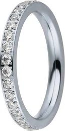 Stainless steel ring with 2mm zirconia stones in a pave setting, available in sizes 52, 58, 62, 54, 60, and 56.