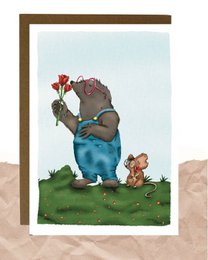 A whimsical illustration of a large, furry creature holding a red rose and standing next to a smaller creature, likely a mouse or other small animal. The image has a warm, nostalgic feel and would be suitable for a birthday card or other celebratory occasion.