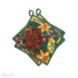 A set of 2 green potholders with a floral pattern featuring red and yellow flowers.