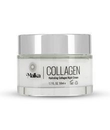 Hydrating collagen night cream in a white jar with the Malka logo. The cream is designed to provide hydration and support collagen production for healthier, more youthful-looking skin.