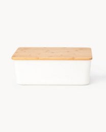 Rectangular bread box with white body and bamboo lid, available in white or black color options.