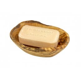Rustic oval olive wood soap dish, approximately 10-12 cm in size.