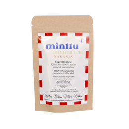  Orange xylitol caramels, white round candies, kraft paper pouch, red checkered border design.