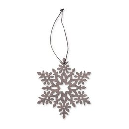 Wooden snowflake ornament in light grey and red colors, with a hanging loop for display.