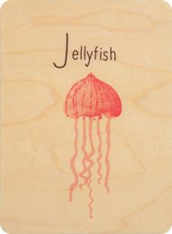 Colorful wooden card featuring a hand-drawn jellyfish illustration. The card is part of a children's educational set designed to teach the alphabet.