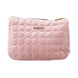 A soft, pink quilted toiletry bag with a zipper closure and the brand name "Vera Bradley" printed on it. The bag appears to be made of a textured, quilted material and is suitable for storing and organizing makeup, toiletries, and other small personal items.