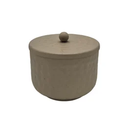 Gray cylindrical storage jar with a lid, made of filo material.