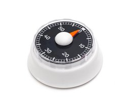 A white round kitchen timer with a black and orange dial, designed for easy magnetic mounting on refrigerators or other metal surfaces.