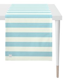 Striped blue and white table runner, 46 inches by 140 inches, suitable for dining tables or other home decor.