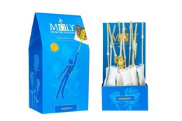 Herbal tea with real herbal stems, packaged in a blue box with illustrations of a person and plants.