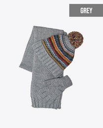 Khaki knitted children's hat and scarf set with multicolored striped pattern and pom-pom detail.