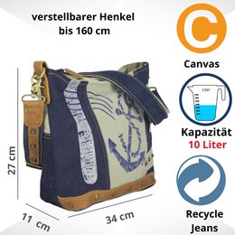 Bolso de hombro sostenible de mujer Sunsa. Bolso bandolera hecho de jeans reciclados y lona (canvas). Bolso estilo retro vintage. Bolso bandolera para mujer.