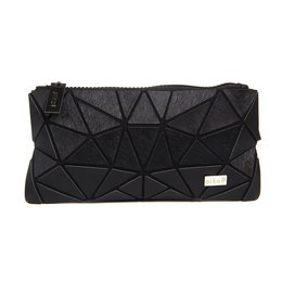 A black geometric-patterned belt bag made of silk. The bag features a structured, angular design with a zipper closure.